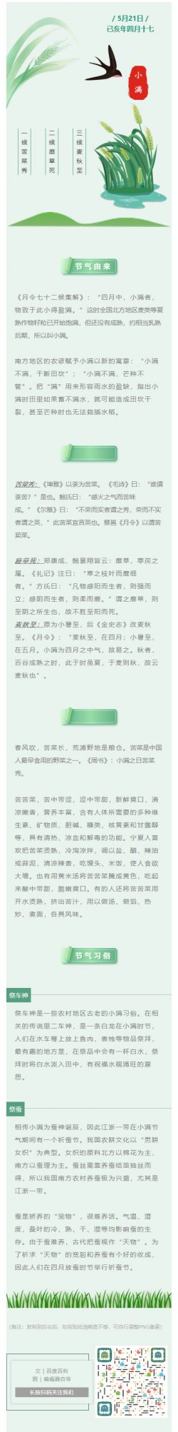 小满中国传统节日二十四节气绿色农田燕子微信公众号模板